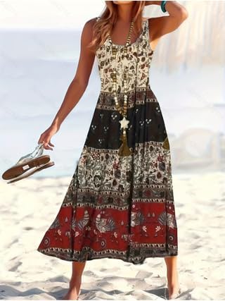 Vestido feminino de gola redonda, sem mangas, patchwork, estampa floral, pássaro, solto, em camadas, midi