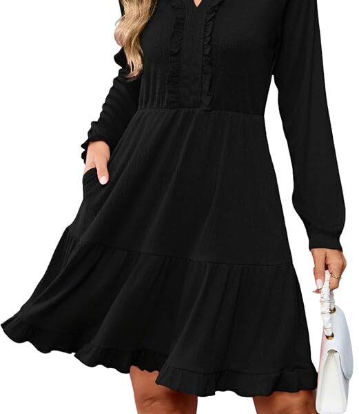 Vestido feminino de manga comprida e gola V em camadas, com babados, rodado, casual, outono