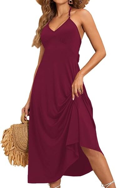 Vestido feminino frente única com decote em V e costas nuas, sem mangas, rodado, para férias na praia