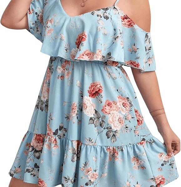 Vestido feminino plus size floral com babados e ombros vazados para o verão