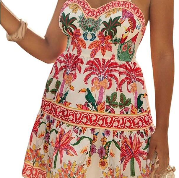 Vestido feminino plus size sem mangas com babado para férias tropicais