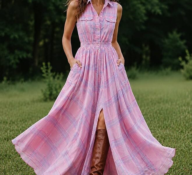 Vestido feminino xadrez ocidental, rosa, azul, sem mangas, colarinho e botão frontal