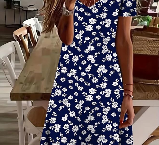Vestido midi feminino casual com estampa floral gola V manga curta evasê verão praia