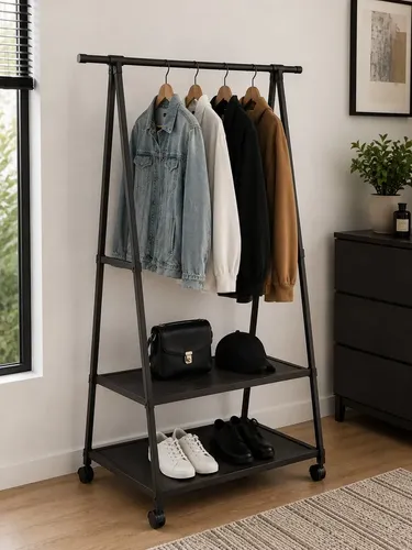 Arara Multiuso Para Roupas Fixa Com Prateleiras – Preta