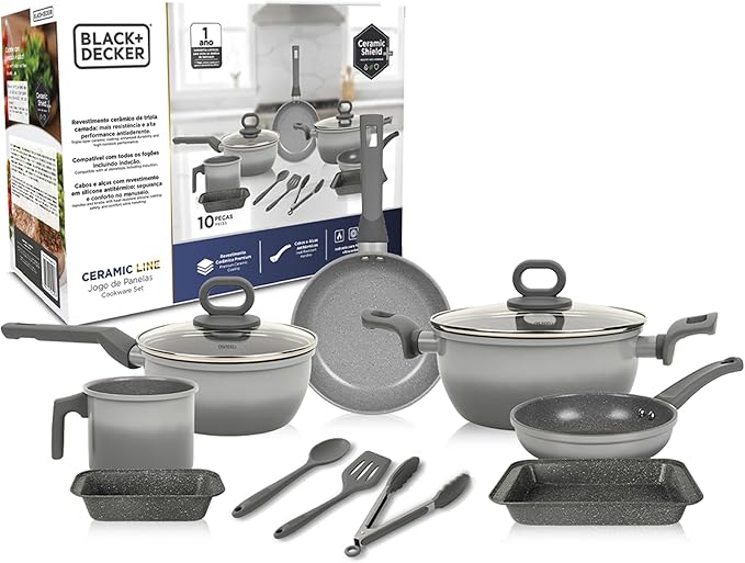 BLACK+DECKER JOGO DE PANELAS 10 PEÇAS CERAMIC LINE – CORPO COM REVESTIMENTO CERÂMICO ANTIADERENTE COM ACABAMENTO GREY GRADIENT, BASE COMPATÍVEL COM INDUÇÃO