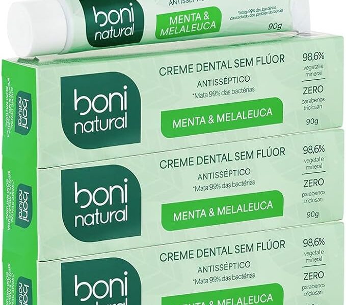 BONI NATURAL – Creme Dental com óleos naturais de Menta e Melaleuca Vegano e Natural, Sem Flúor, Sem Triclosan, 90g, 3 unidades Leve Mais Pague Menos