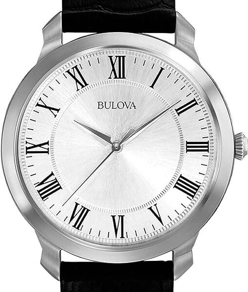 Bulova Relógio masculino clássico com pulseira de couro preto de quartzo com 3 ponteiros, marcadores numerais romanos, 41 mm