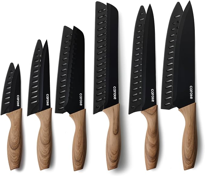 CAROTE Conjunto De Facas 12Pcs, Conjunto De Facas De Cozinha Com Proteções Seguras, Conjunto De Facas De Aço Inoxidável Com Revestimento Cerâmico, À Prova De Ferrugem, Preto