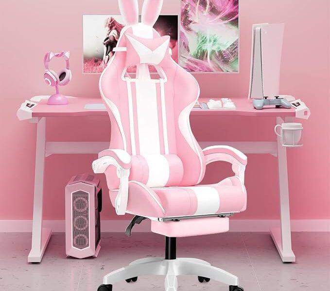 Cadeira gamer fofa com orelhas de coelho, com apoio de pés e apoio de cabeça (Rosa)