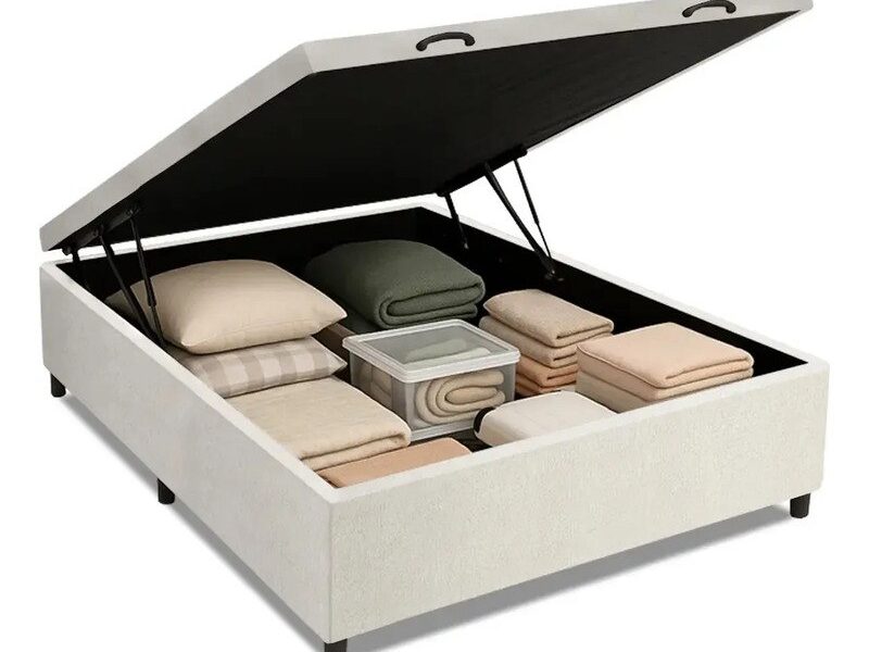 Cama Box Baú Base Casal Para Colchão De 1,38m Linho Branco