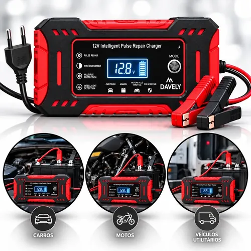 Carregador de Bateria 12V 6A Bivolt Inteligente Carro Moto Caminhão Automotivo 4Ah a 100Ah Com Função Reparo Display Digital Proteção Carga Emergencia Portátil Resistente Eficiente Multifuncional