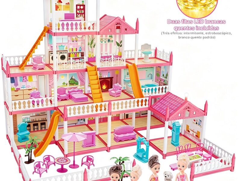 Casa de Boneca Princesa 4 Andares 14 Cômodos com Luz LED, 4 Bonecas, Escorregador e Móveis Completos Brinquedo Educativo