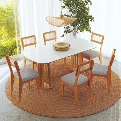 Conjunto De Mesa Com 6 Cadeiras Dalla Costa Bolonha Off White/freijó