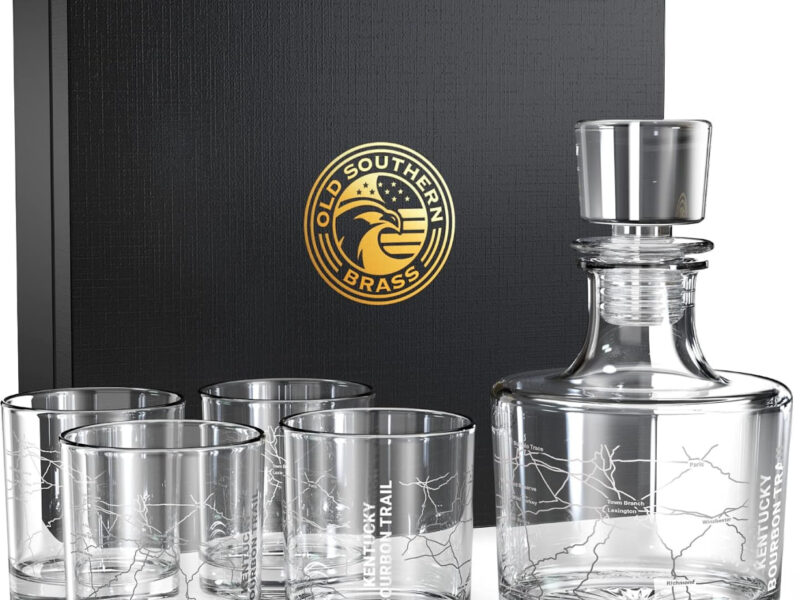 Conjunto de presente de vidro de uísque Kentucky Bourbon Trail Decanter – Conjunto de 5 peças – Caixa de presente premium – Copos feitos nos EUA