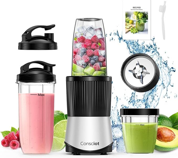 Consciot CB08 Liquidificador de 11 peças para cozinha e tamanho pessoal, batidos e vitaminas, bebidas congeladas, alimentos para bebê, pastas e muito mais, 3 copos portáteis para viagem, 2 tampas de na Link por R$ 255,81
