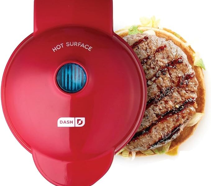 Dash Mini máquina de churrasqueira portátil + Panini Press para hambúrgueres gourmet, sanduíches, frango + outros em movimento, café da manhã, almoço ou lanches com guia de receitas – vermelho