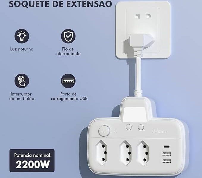 Extensao Eletrica, Extensão Tomada, Régua Tomada, Régua de Energia, Filtro de Linha com Luz, 3 Tomadas, 2 Interfaces USB, 1 Porta USB Tipo-C, Suporte a Tensão de 110-220V, Potência de 2200W