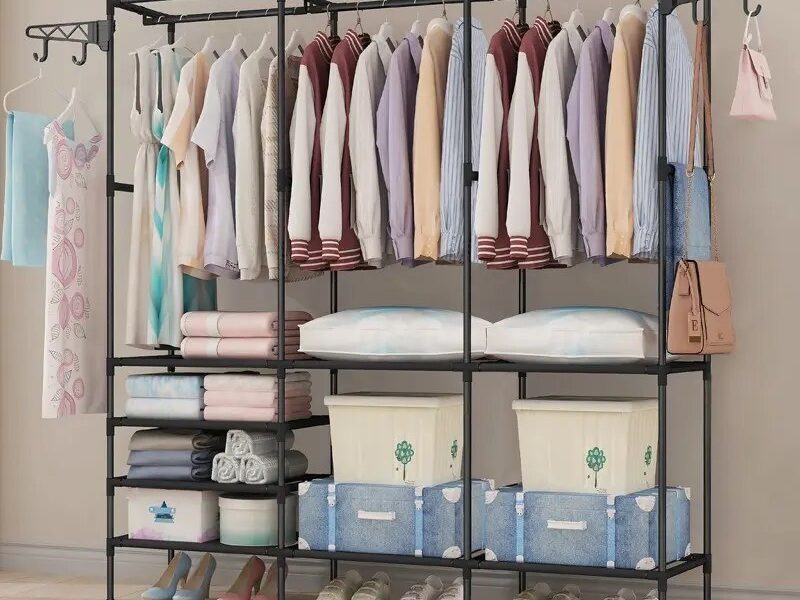 Guarda Roupa Dobrável Modular Cabideiro Triplo Closet Aberto Organizador De Roupas Desmontável E Arara Organizadora 3 Colunas Em Aço Resistente Preto Lar Textil