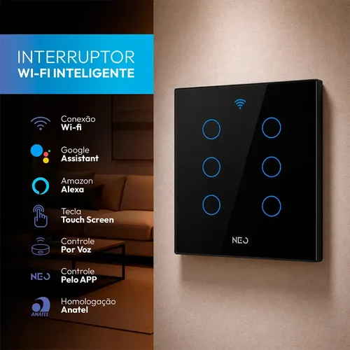 Interruptor Inteligente Smart Wi-fi 2.4 GHz Alexa google 6 Botões 4×4 Bivolt Preto Cod: 291990446 Neo Avant
