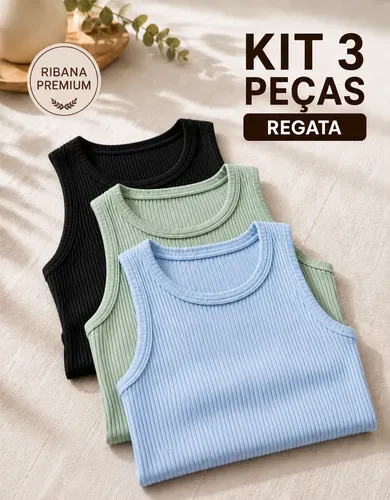Kit 3 Blusas Regata Feminina Ribana Canelado Básica Casual
