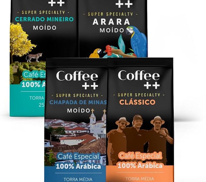 Kit 4 Pacotes Café Especial Torrado e Moído Coffee Mais Variedades: Cerrado Mineiro, Arara, Chapada de Minas e Clássico – 100% Arábica (4x250g) na Amazon por R$ 89,47
