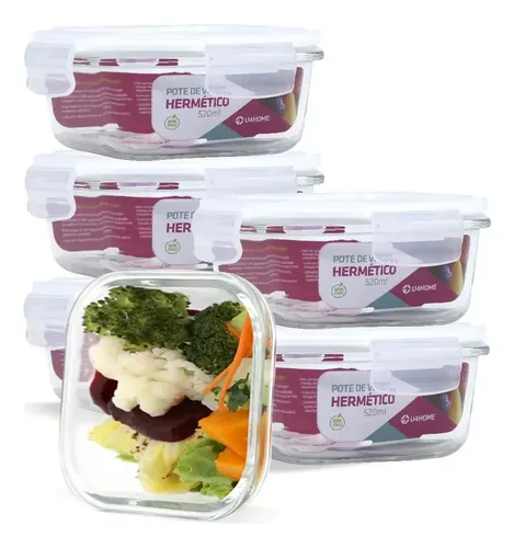 Kit 6 Potes Vidro Hermético Trava Quadrado 520ml Marmita Cor Branco (CL)