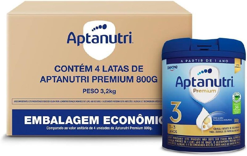 Kit Aptanutri Premium 3 Fórmula Infantil em Pó para Crianças a partir de 1 Ano, Contém Leite – 800 g (Kit com 4 Unidades)