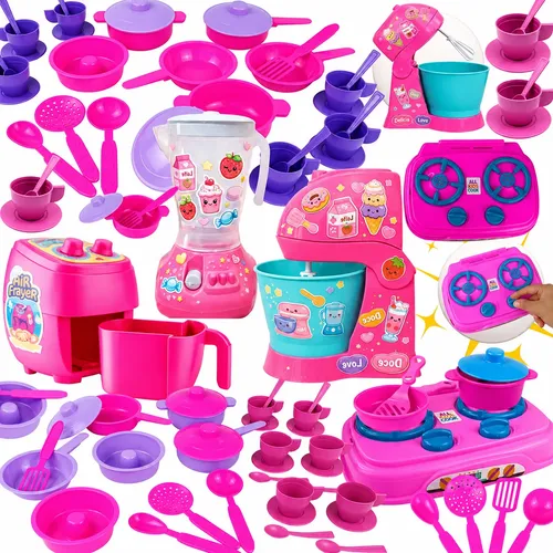 Kit Cozinha Infantil Completa 37pçs Brinquedo Air Fryer Rosa