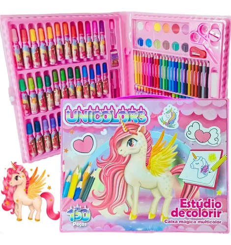Kit Escolar Menina Maleta Pintura TeOliver 150 Peças Unicórnio Canetinhas Lápis de Cor Giz de Cera Tinta Aquarela