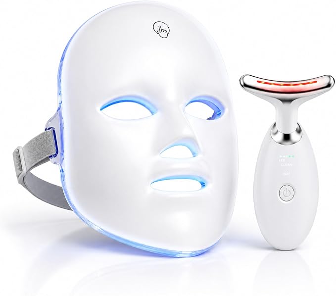 Kit Máscara LED Facial 7 Cores Fototerapia 90 LEDs + Massageador Facial LED Vibratório Recarregável – Skincare Anti-Rugas, Acne e Rejuvenescimento em Casa