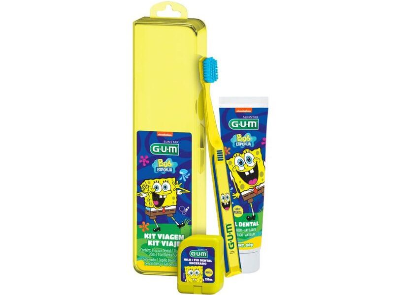 Kit Viagem Bob Esponja Escova Dental Infantil GUM Macia 1 Uni + 1 Fio Dental Sabor Menta 20m 1 Uni + 1 Gel Dental Flúor Sabor Menta 50g 1 Uni