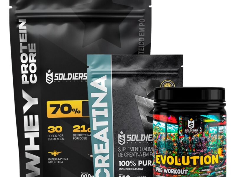 Kit Whey Core 70% de Proteína Concentrada -900g + Pré-Treino Evoluition 300g + Creatina 150g -Soldiers Nutrition