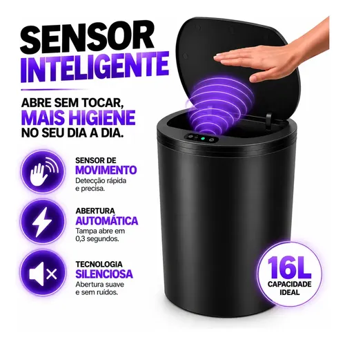 Lixeira Inteligente Automática Redonda Recarregável USB‐C Sensor para Cozinha Banheiro Escritório na Meli por R$ 47,12