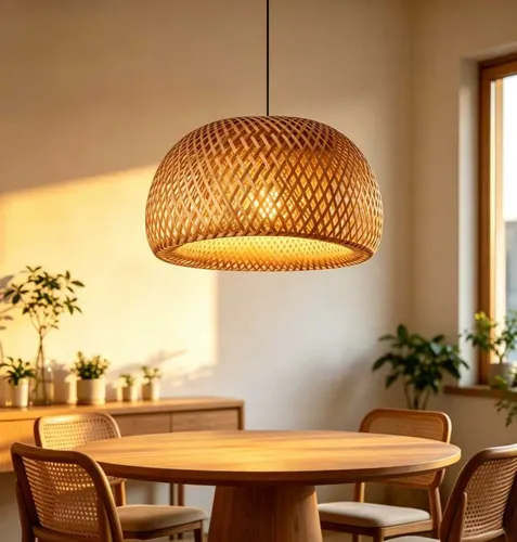 Luminária Teto Lustre Pendente Palha Madeira Vime Sala 38cm