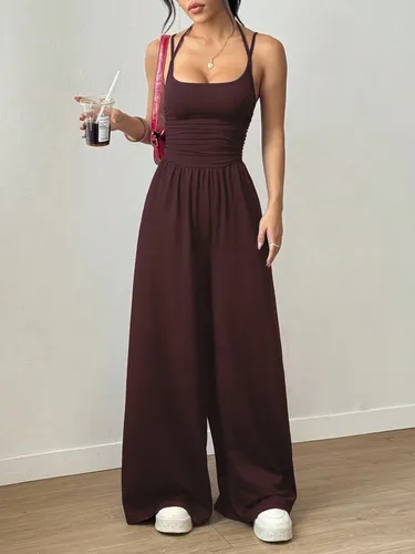 Macacão Longo Feminino Casual Pantalona Com Alça Fina Dupla