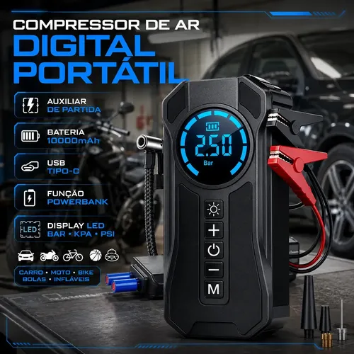 Mini Compressor De Ar Portátil Bateria Emergência Ignição Automotiva Potente Preto Compacto na Meli por R$ 79,99