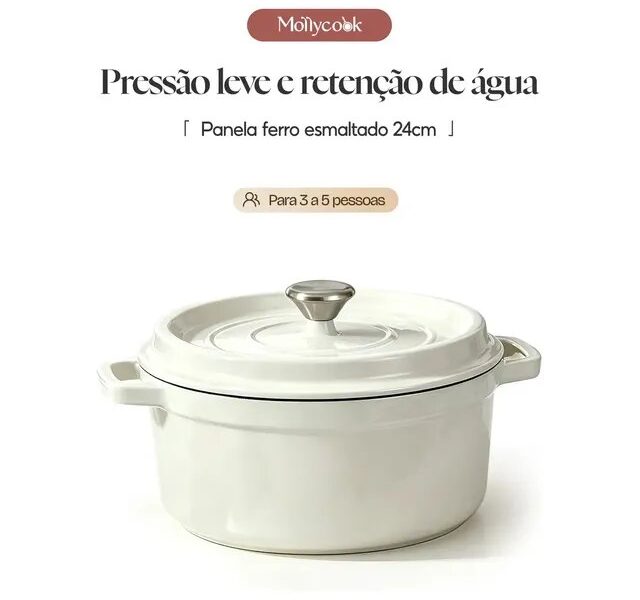 Mollycook Panela Caçarola de Ferro Fundido Esmaltado 24cm 3.8L Fogão Indução e Forno Com Tampa Branca