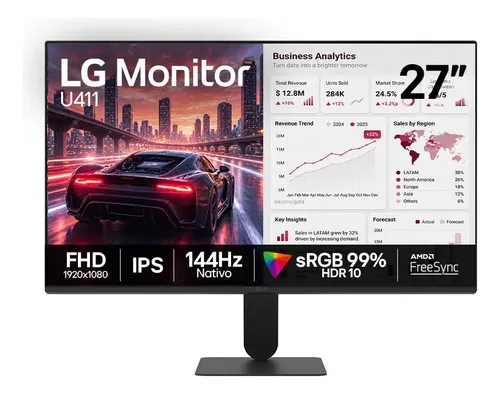 Monitor LG FHD Gamer & Office tela IPS 27”, 1ms (MBR), 144Hz Nativo, FreeSync, HDR10, sRGB, Modo leitura, Flicker Safe, HDMI, Black Stabilizer, Dynamic Action Sync, Preto – 27U411B