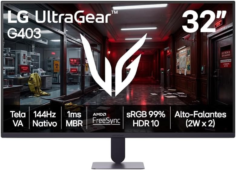 Monitor LG UltraGear – Tela VA FHD 32”, 144Hz nativo, 1ms (MBR), AMD FreeSync, HDR10, sRGB 99%, Preto – 32G403B