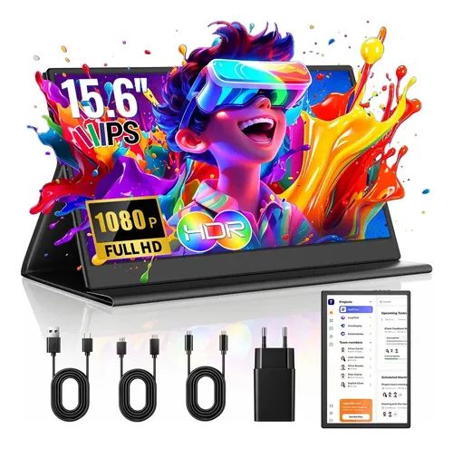 Monitor Portátil 15,6” Full HD 1080P IPS MAIZHELUN, USB-C e HDMI, Monitor Gamer Ultrafino, Alto-Falantes Integrados, Capa Protetora, Segunda Tela para Laptop PC Mac Celular PS5/4 Xbox Switch