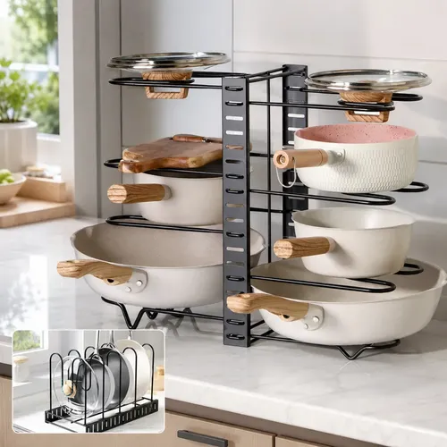 Organizador de panelas e frigideiras ajustável, prateleira de cozinha de 8 camadas, cor preta, 3 métodos de bricolage