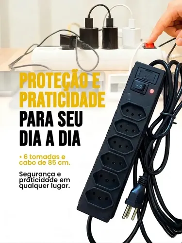 Régua Filtro De Linha 6 Tomadas Com Proteção, Fusível, Chave