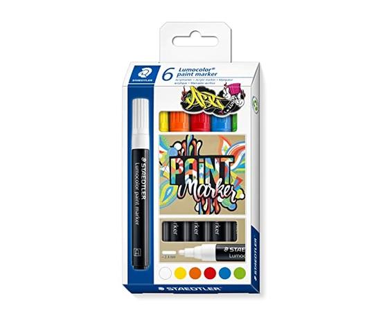 STAEDTLER Marcador Acrílico Lumocolor 6 Unidades 6 Cores Sortidas – 349 C6 – Tinta Permanente à Base de Água, Para Superfícies Escuras, Secagem Rápida, Ponta Arredondada 2,4mm