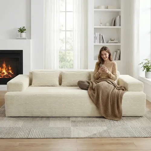 Sofá 3 Lugares em Veludo Cotelê Bege Para Sala, Design Luxo e Conforto Máximo