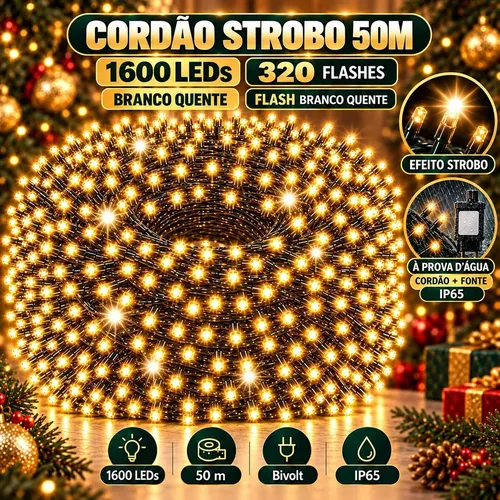 Strobo Pisca Pisca Cordão Natal 1600 Leds 50m Prova D’Água Bivolt Branco Quente 320 Flash Branco Quente Decoração Enfeite Natal LuvinCo