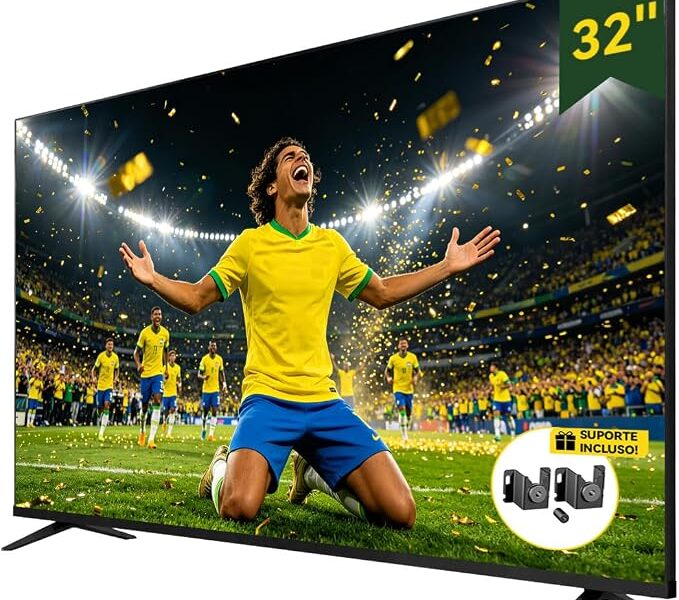 TV inteligente de 32″ com Wi-Fi 6 dual band 2.4/5GHz, Bluetooth, assistente de voz nativo. Tela ADS HD 1366×768. 2 HDMI 2.0 + 2 USB. Apps de streaming do Brasil pré-instalados de fábrica.