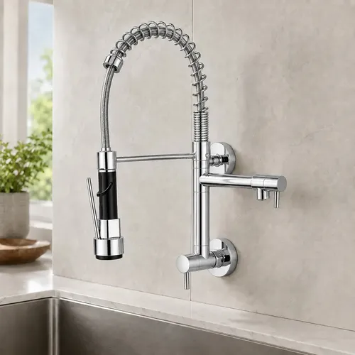 Torneira Gourmet de Parede para Cozinha Entrada Única Aço Inox 304 Cromada com Ducha Móvel, Bica Fixa e Cartucho Cerâmico Não Misturador