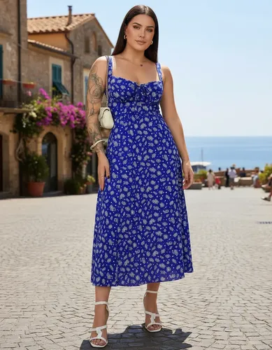 Vestido Midi Floral Feminino Com Fenda Lateral E Laço