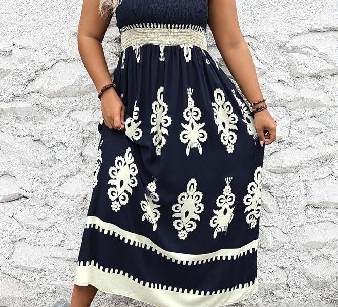 Vestido de verão maxi feminino sem mangas com estampa tribal rodada boho férias verão